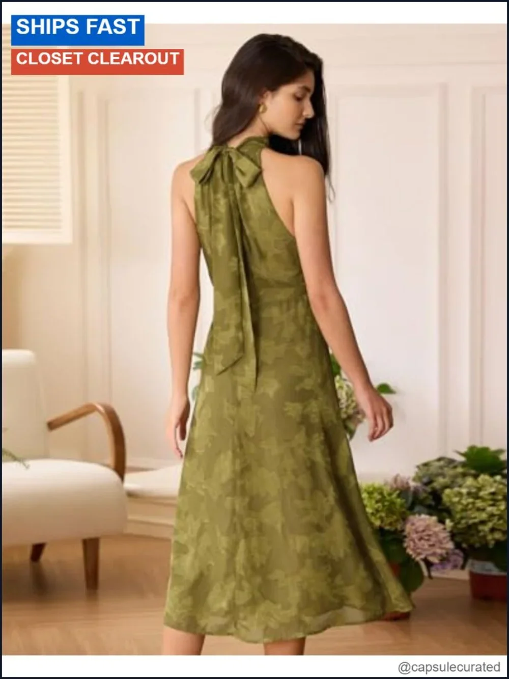 Halter Neck Sleeveless Midi Dress Floral A-Line Summer Semi Formal